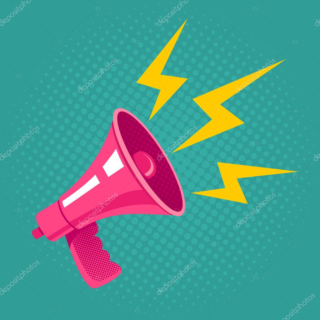Vector vintage poster with pink megaphone on halftone background. Pink retro megaphone.