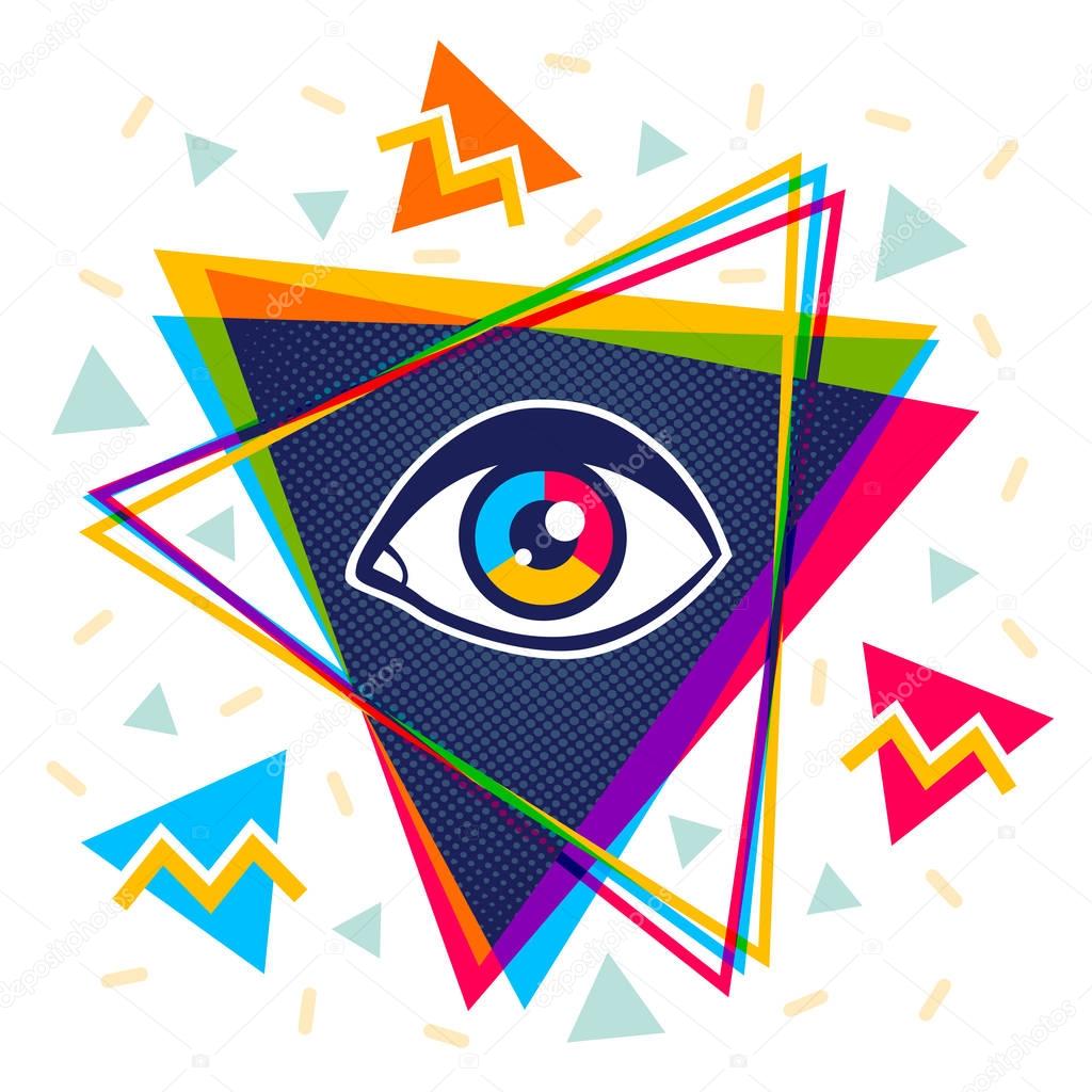 Vector vintage pyramid with eye in 90's style. Vintage vector poster with pyramid and eye.