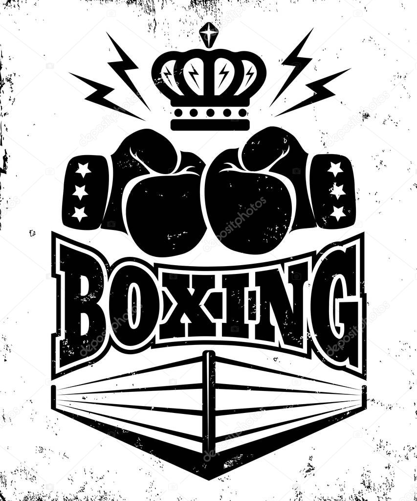 Vector vintage logo for a boxing with two gloves, crown and ring. Emblem for boxing.