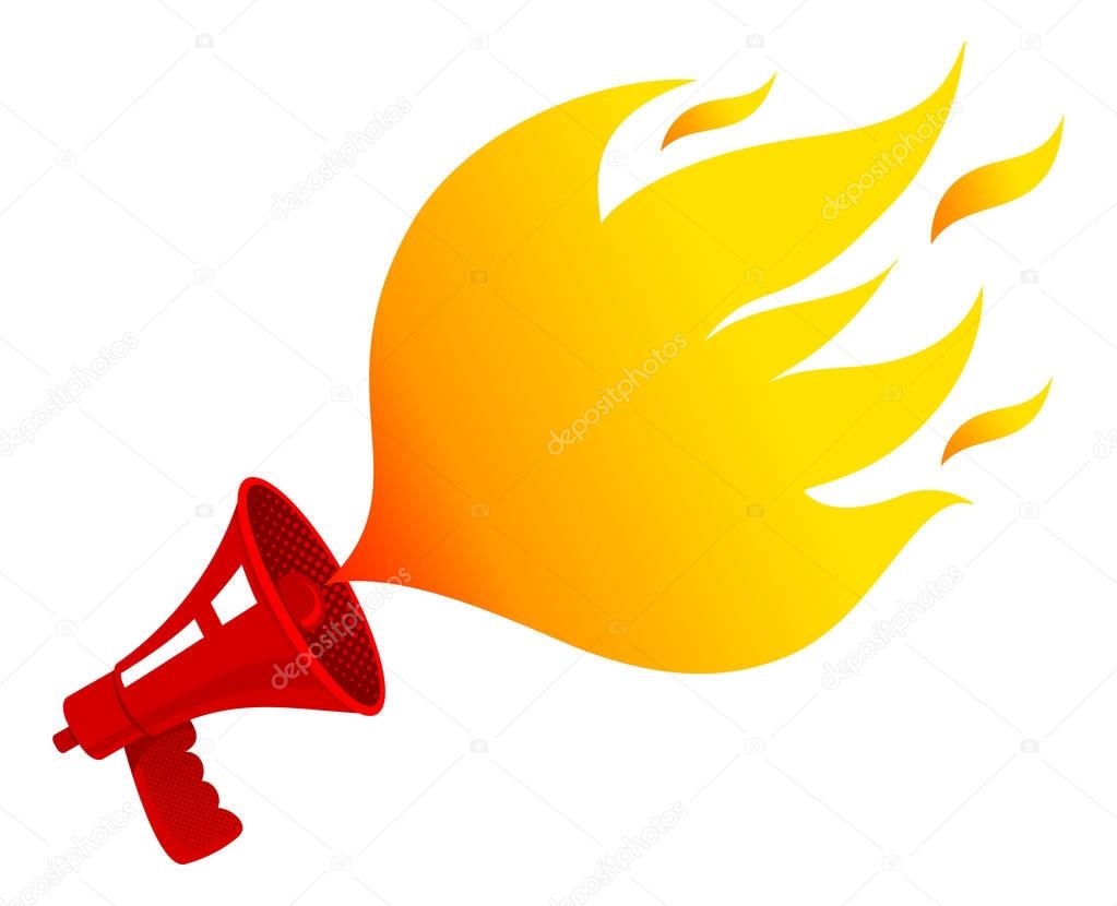 Vector vintage icon with red retro megaphone with fire. Red vintage megaphone and flame like bubble