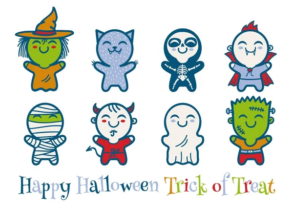 Niños en disfraces de monstruos de Halloween . — Vector de stock