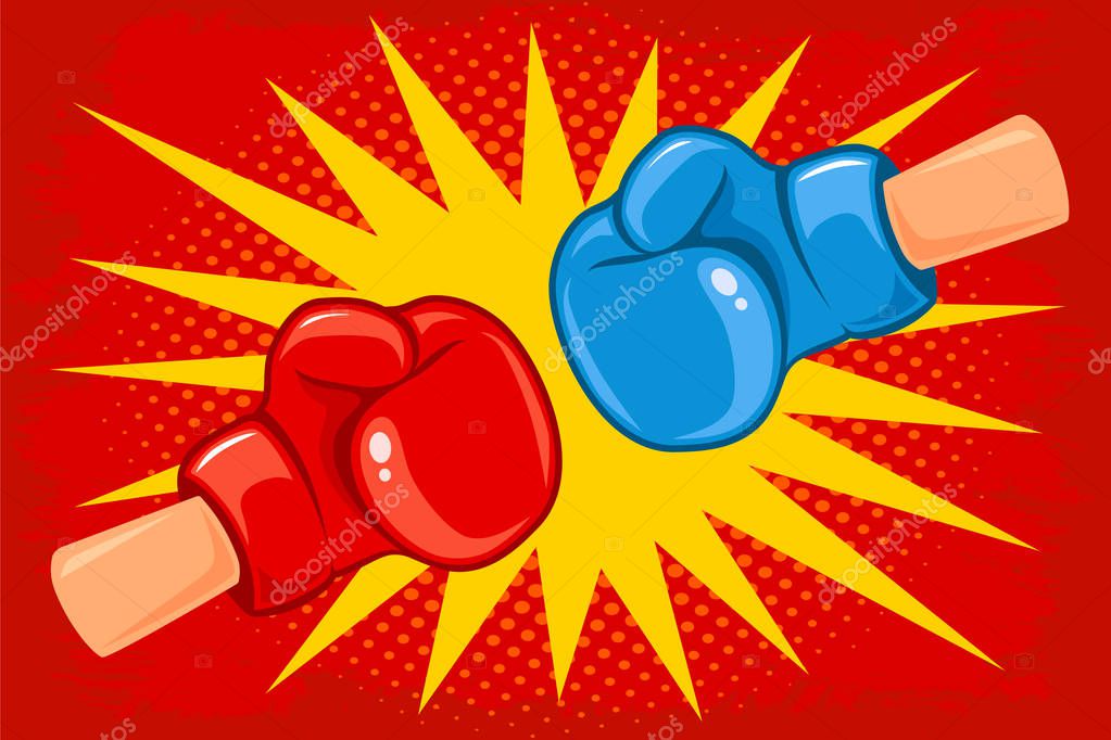 Vector retro poster for a boxing with two gloves. Retro emblem for boxing with red and blue gloves on vintage background.