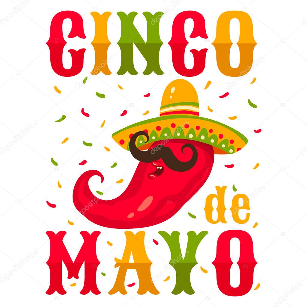 Vector retro illustration for Cinco de Mayo with chilli pepper. Chili pepper in sombrero.