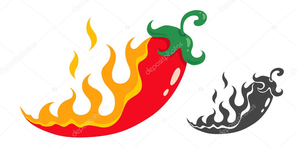 Vintage vector set icons of chilli pepper in flame. Retro illustration of red chili pepper in fire.