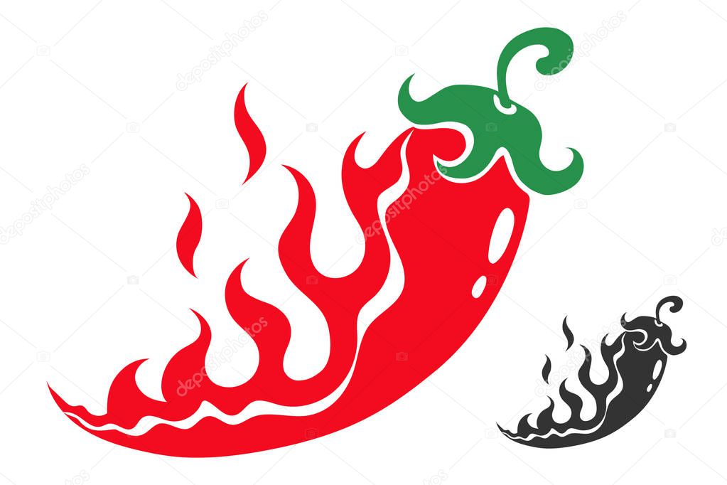 Vintage vector set icons of chilli pepper in flame. Retro illustration of red chili pepper in fire.