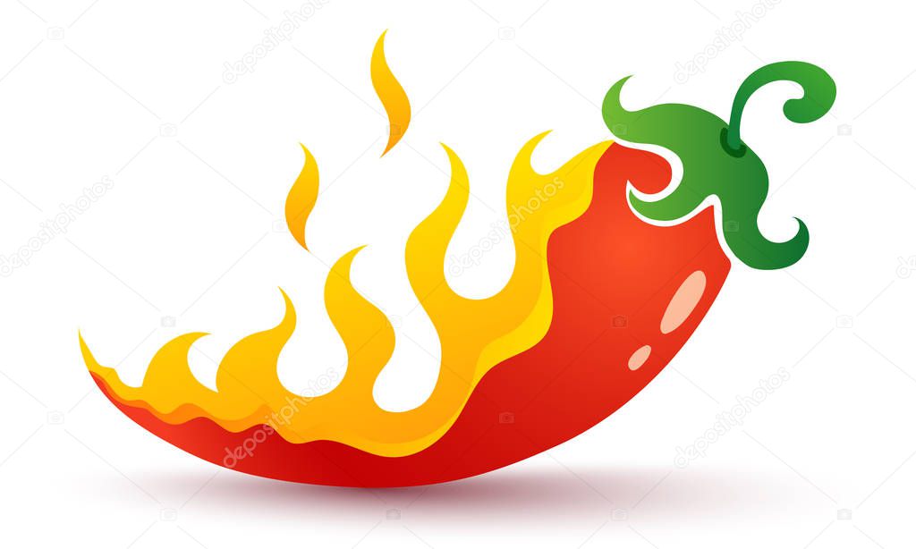 Vintage vector icon of chilli pepper in flame. Retro illustration of red chili pepper in fire.