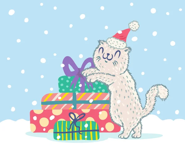 Γάτα σε Σάντα καπέλο με δώρα. — Διανυσματικό Αρχείο