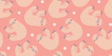 Vektör şirin tembellik ile seamless modeli. Vektör desen tembel süper kahraman ve noktalar.