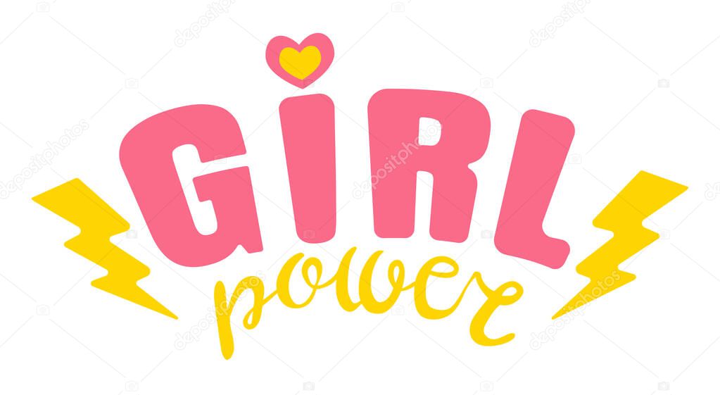 Vector vintage logo of girl power for womans day. Retro emblem for women sport. Poster of Girl power with heart. 8 march.