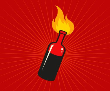 Kırmızı arkaplanda kuyruk molotofun vektör simgesi. Yanan şişenin vektör çizimi. Protesto.