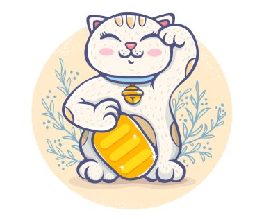 Şanslı kedili vektör posteri. Bej arka planda bitkilerle birlikte Neko. Vector kawaii şanslı kedi.