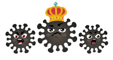 Kralla birlikte kızgın koronavirüslerin temsilcisi. Krallarının taç giydiği kızgın virüsler. Koronavirüsün vektör simgeleri.