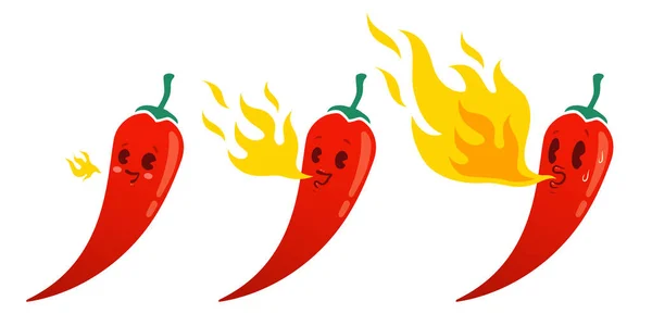 Vektorový Set Ilustrace Pikantní Chilli Papriček Plamenem Karikatura Červené Chilli — Stockový vektor