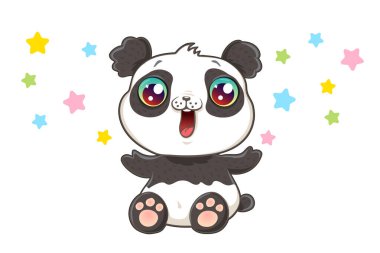 Kawaii tarzında şirin bir pandanın vektör çizimi. Konfetili şirin vektör panda..