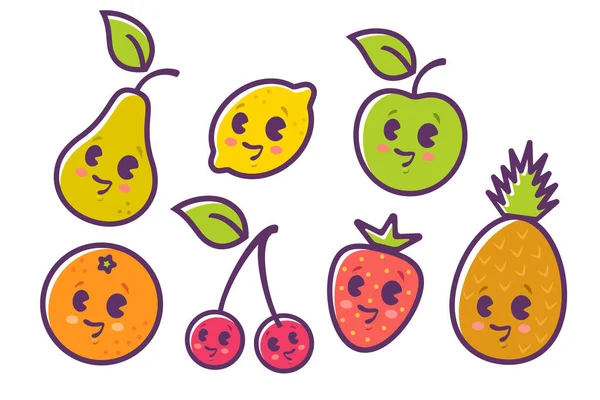 Ensemble Vectoriel Illustration Plate Fruit Dans Style Kawaii Fruits Mignons — Image vectorielle