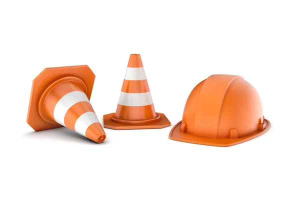 Renderização de dois cones de estrada listrados e capacete, todos isolados em fundo branco . — Fotografia de Stock