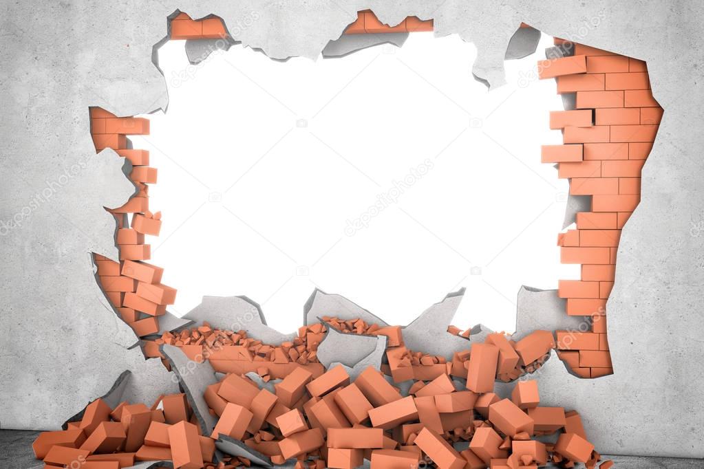 Rendering broken wall with white hole and pile of rusty red bricks beneath.