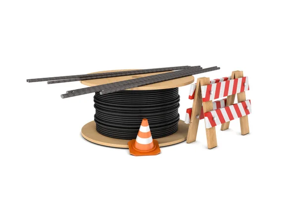 Representación de cono de tráfico, valla, bobina de cable y varias barras de refuerzo aisladas sobre fondo blanco . — Foto de Stock
