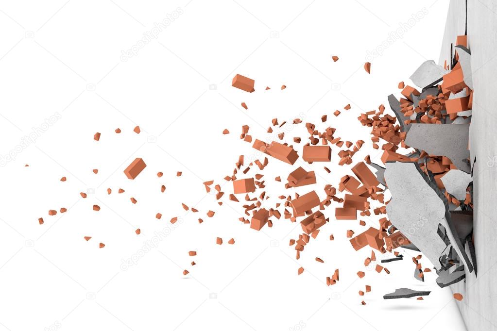 Rendering of concrete broken wall with rusty red bricks and their pieces flying apart after smash
