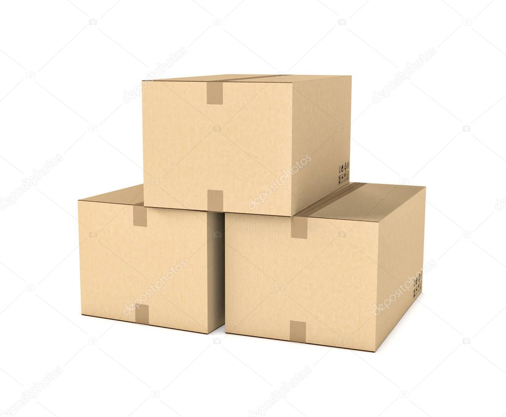 Rendering of three isolated light beige mail cardboard boxes put together
