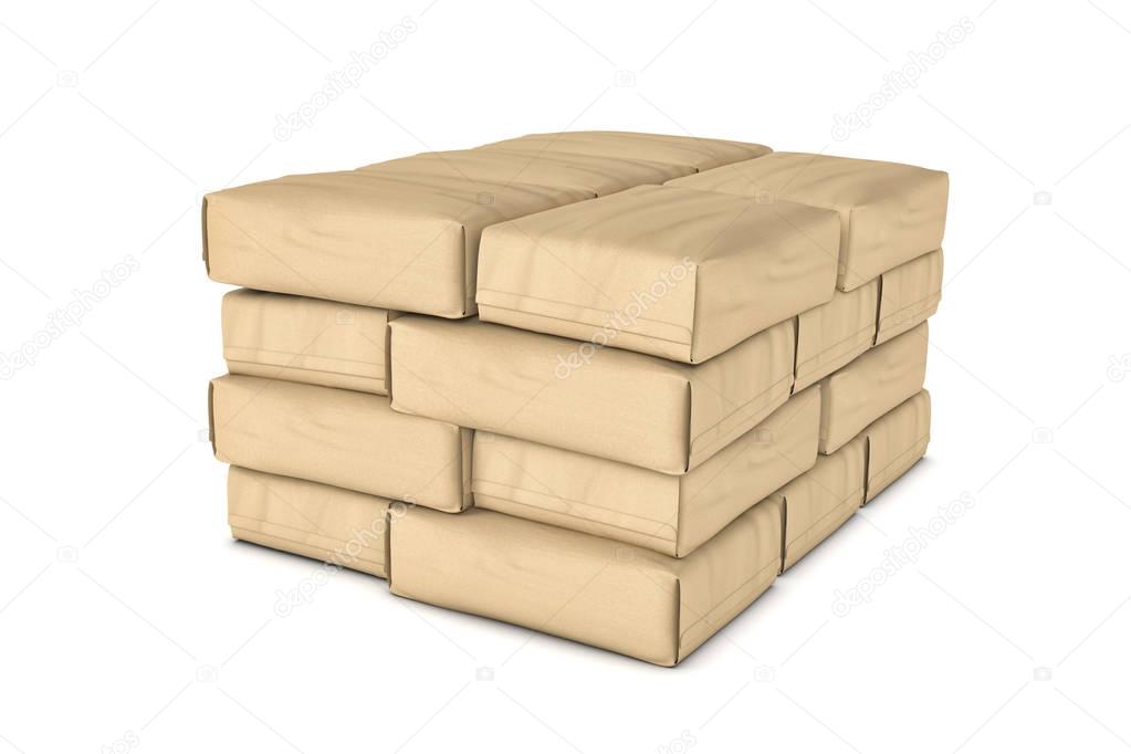 Rendering of neatly stacked light beige cement sacks isolated on white background