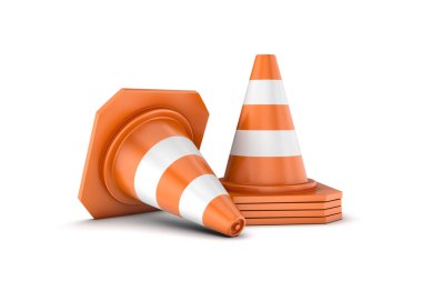 Beyaz arka plan üzerinde izole trafik konileri render.