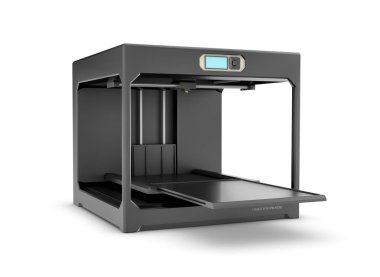 Siyah masaüstü oluşturma beyaz arka plan üzerinde izole 3d printerlere harcama maddeler.