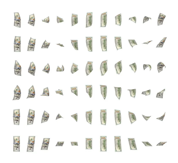Representación de billetes de dólar rotando libremente alrededor de sus ejes aislados sobre fondo blanco — Foto de Stock