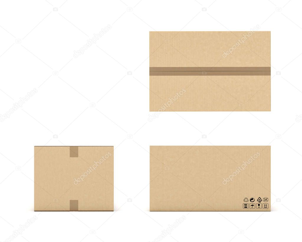 Rendering of light beige cardboard mail box taped with duct tape from different foreshortenings isolated on a white background.