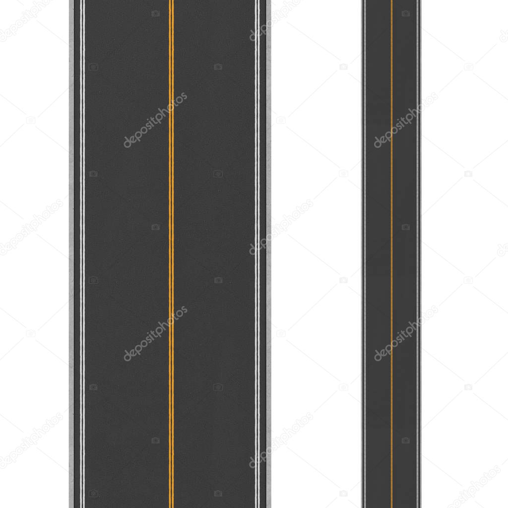 Rendering of two-way road on white background. Top view.