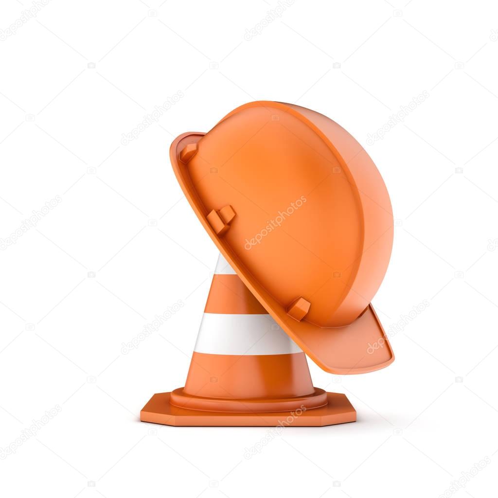 Rendering of striped traffic cone and helmet on it