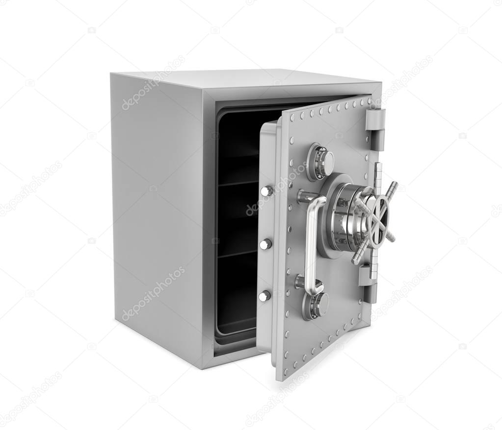 Rendering of steel safe box with open door, isolated on white background