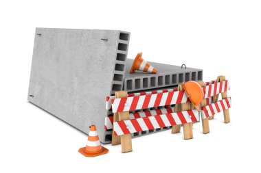 İşleme Rating çitler, koniler, kask ve beyaz arka plan üzerinde izole beton zemin plakaları.