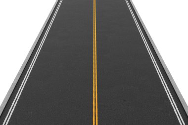 Düz asfalt ile kaplı boş iki yönlü yol render, beyaz arka plan üzerinde izole.