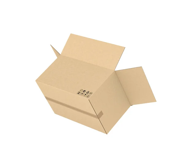 Renderização de caixa de correio de papelão bege claro aberto, isolado no fundo branco — Fotografia de Stock