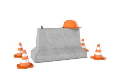 İnşaat koniler, turuncu kask ve beton bariyer render, beyaz arka plan üzerinde izole.