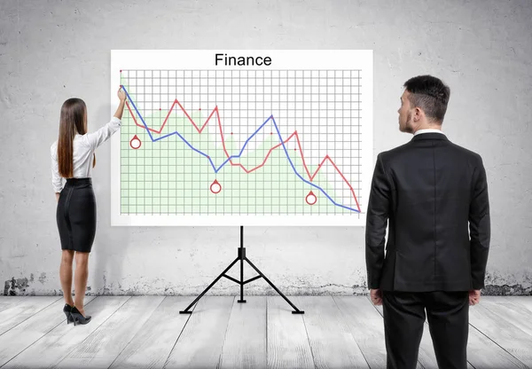 Бизнесмен смотрит на женщину, делает презентацию на планшете с финансовыми графиками — стоковое фото