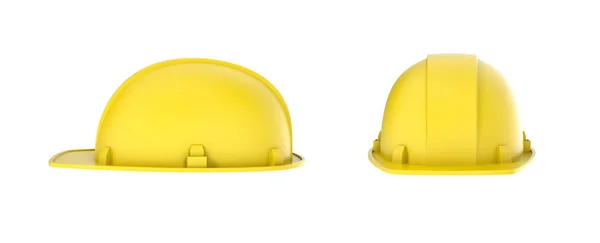 Renderização de dois capacetes de construção amarelo, vista lateral e frontal, isolado no fundo branco . — Fotografia de Stock