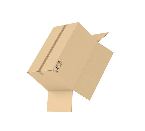 Rendering of open light beige cardboard mail box falling upside down isolated on white background — Stock Photo, Image