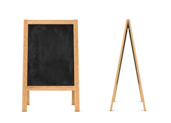 Rendering of wooden easel with black chalkboard isolated on the white background — Stock Photo, Image