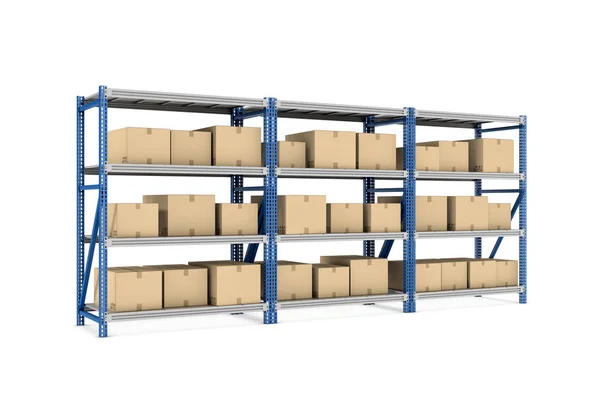 Rendering three metal racks put together with beige cardboard boxes of different size stored there, isolated on the white background. — Stock Photo, Image