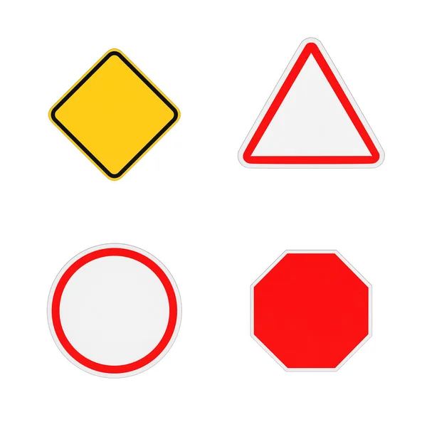 Rendering of four close-up blank road signs isolated on white background. — Stock Photo, Image