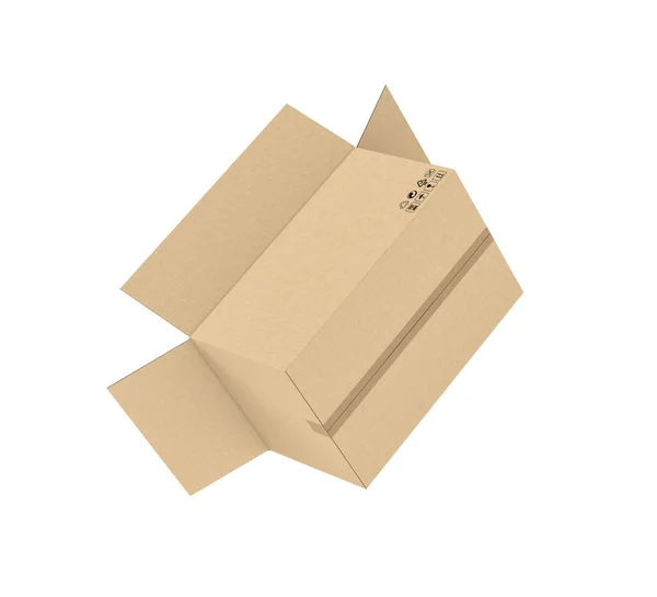 Renderização de caixa de correio de papelão bege luz aberta caindo de cabeça para baixo isolado no fundo branco — Fotografia de Stock