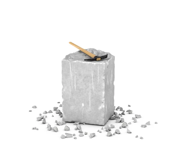 Rendering big rectangular block of gray rock, its chips and pick isolated on white background. — Stock Photo, Image
