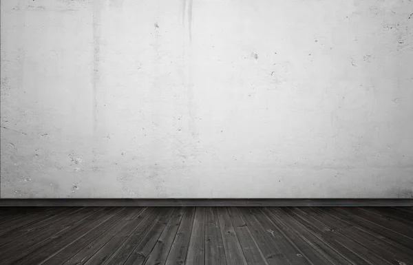 Intérieur vide pour le design, mur en béton blanc et plancher en bois noir . — Photo