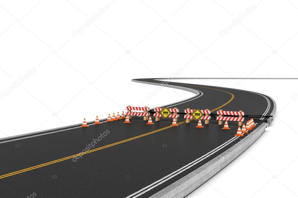 Rendering of road closed with barriers, traffic cones and caution signs due to roadworks diversion.