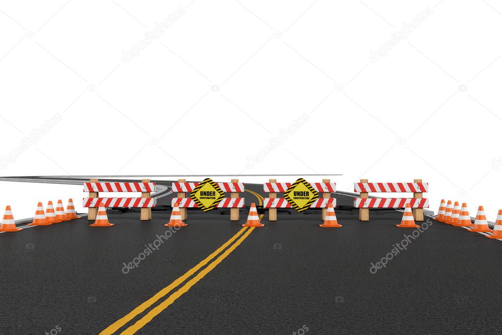 Rendering of road closed with barriers, traffic cones and caution signs due to roadworks diversion.