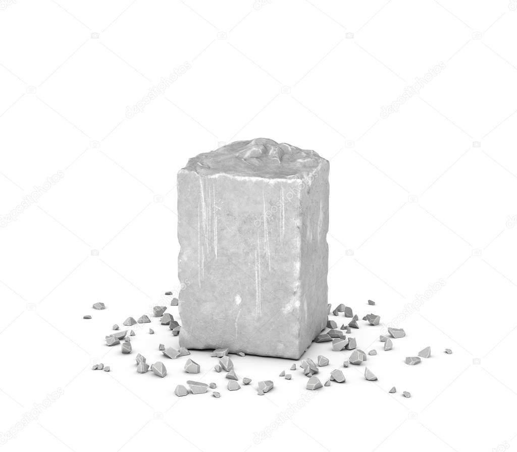 Rendering big rectangular block of gray rock and its chips isolated on white background.