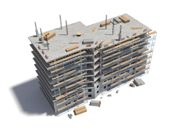Rendering von im Bau befindlichen Gebäuden mit Gerüsten und verschiedenen Geräten. — Stockfoto