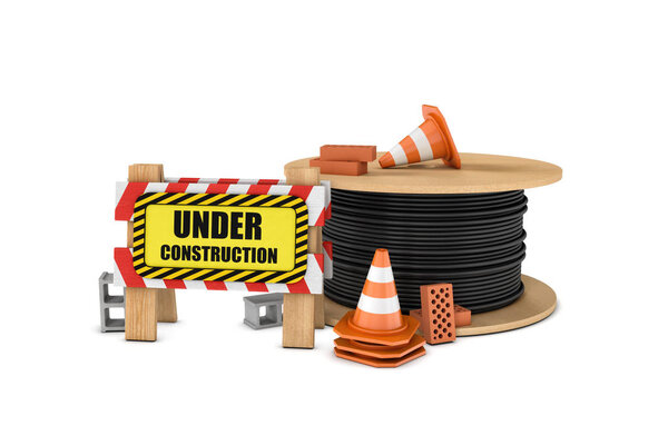 Изготовление деревянного барьера со строительным знаком, большим кабельным барабаном и некоторыми дорожными конусами, кирпичами, бетонными блоками
